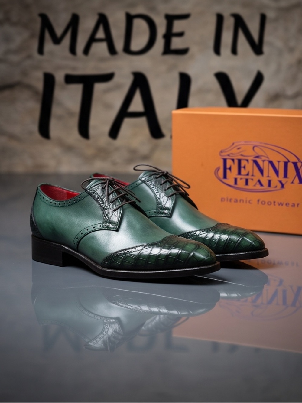 Fennix Italy dress green calf/alligator Oxford